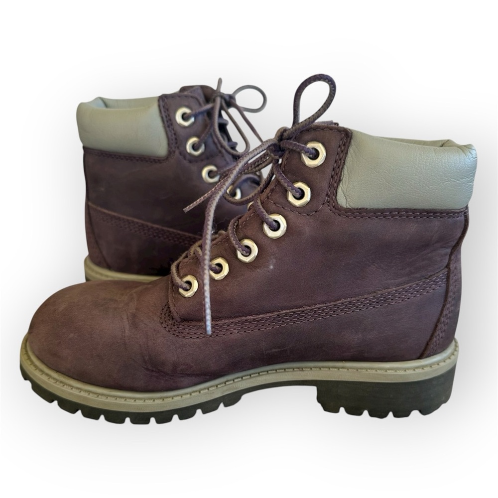 Timberland 6 Inch Premium Waterproof Boots Burgundy with Gray Collar Kids Size 1 - Picture 5 of 10